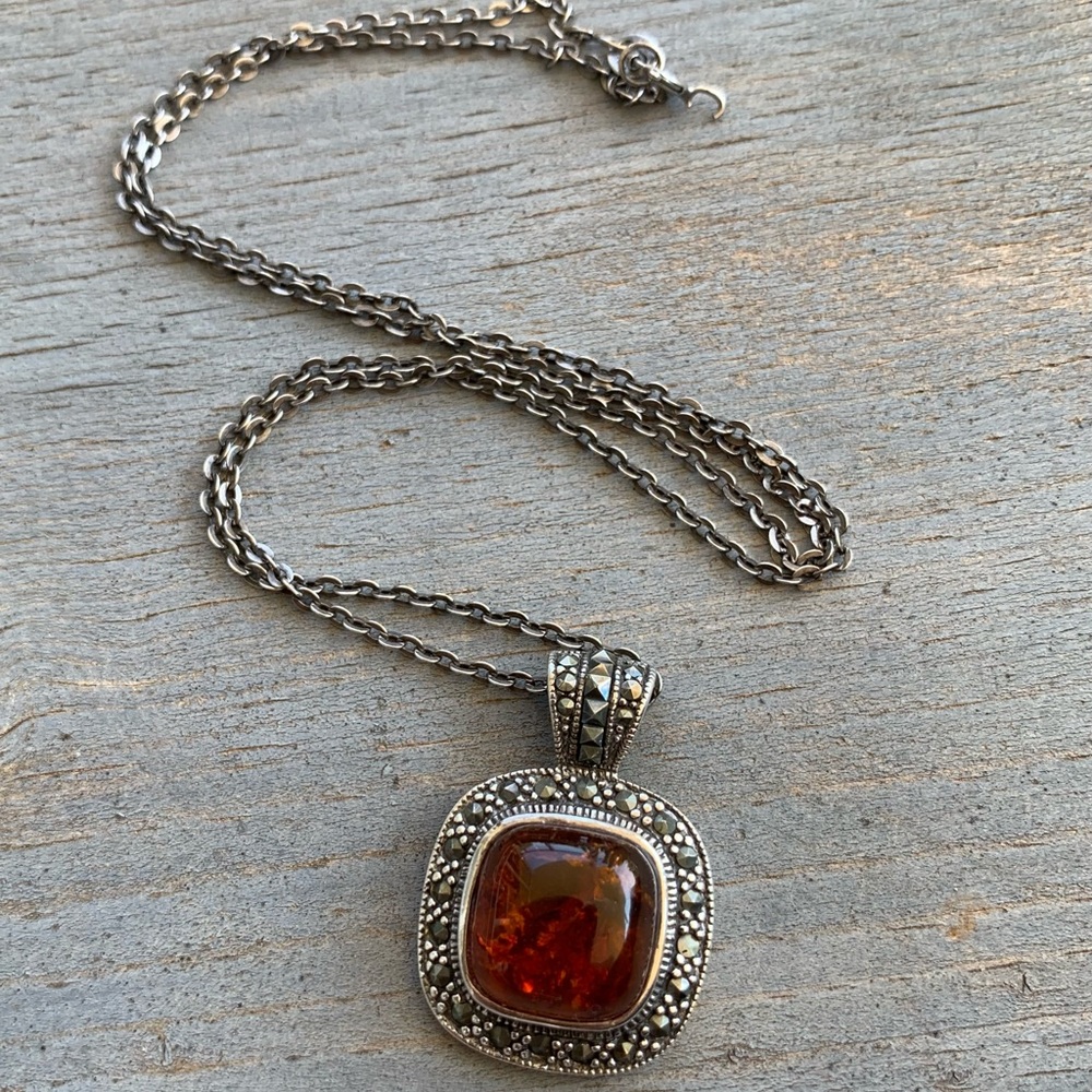 Sterling Silver Necklace with a Marcasite and Amber Pendant